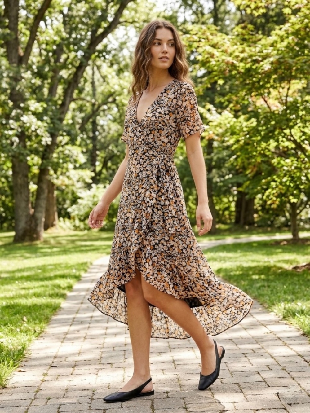 Soaked in Luxury Floral Wrap Dress Black Orange High-Low Ruffle Short Sleeve M